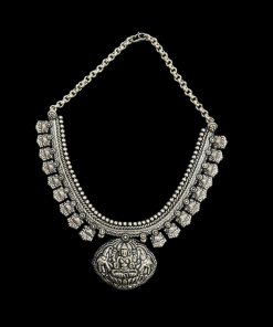 German Silver Goddess Lakshmi Pendant Necklace With Elephant Carvings,