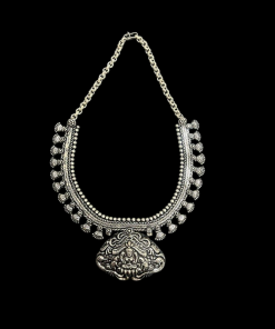 German Silver Goddess Lakshmi Pendant Necklace With Elephant Carvings