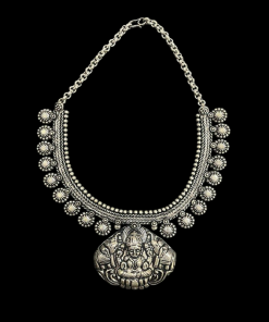 German Silver Goddess Lakshmi Pendant Necklace With Elephant Carvings