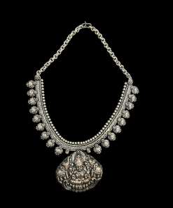 German Silver Goddess Lakshmi Pendant Necklace With Elephant Carvings