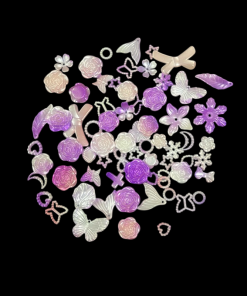 Mixed Design And Size Pearl Finish Acrylic Beads - Purple With White