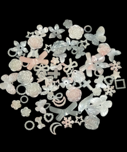 Mixed Design And Size Pearl Finish Acrylic Beads - Grey With White