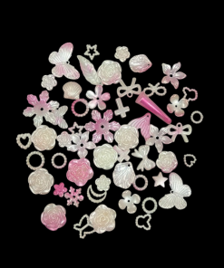 Mixed Design And Size Pearl Finish Acrylic Beads - Dark Pink With White