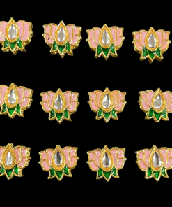 Lotus Shaped Kundan Meenakari Beads - Peach With Green
