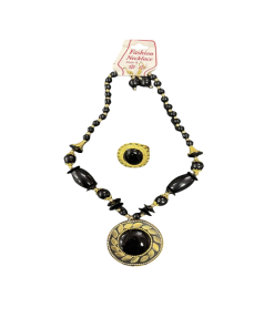 Black Stone With Beads Necklace And Ring